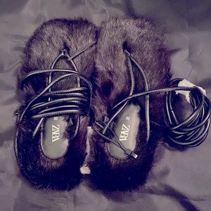 Zara fur lace up sandals